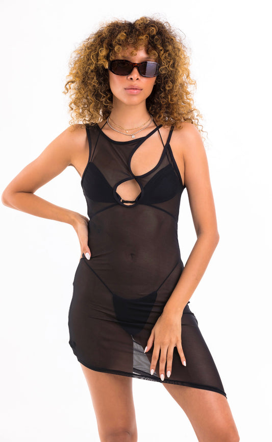 BLACK MESH DRESS ASIMMETRIC